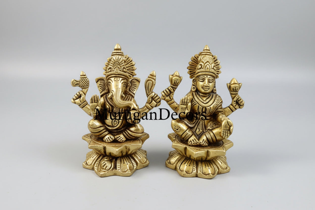 Brass Hindu god idols | 5 inch Ganesha and Lakshmi God statues with Lotus for pooja room | Vinayakar & Lakshmi Murti | Antique Brass Statue|Lakshmi |Vinayagar | Lakshmi brass Statue for Hindu pooja