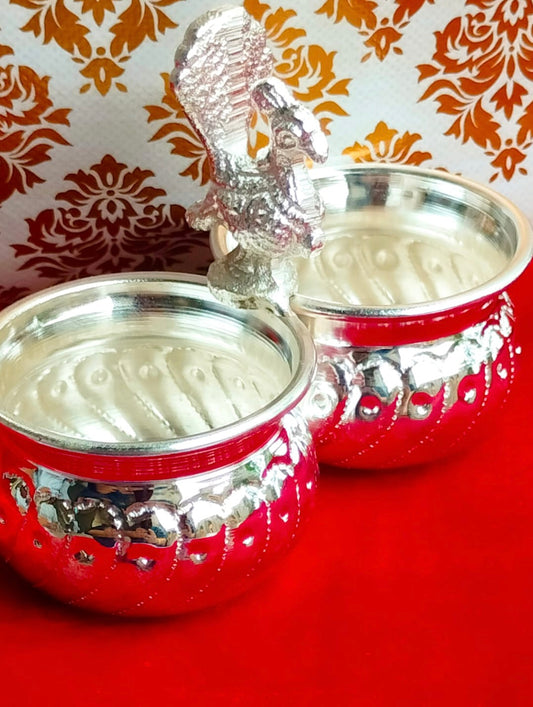 German Silver Peacock Kumkum stand (No Stones, plain carving) for housewarming pooja gifts| haldi kumkum holder for return gifts| Favors Housewarming Gifting | Pooja Gifts– Traditional Return Gifts