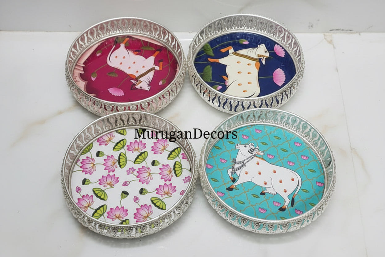 Pichwai Art Tray: Indian Wedding Favor, Diwali Return Gift (8-Inch) | (6-inch) |Favors Housewarming Gifting |German Silver pichwai tray | Housewarming Gifts– Traditional Return Gifts