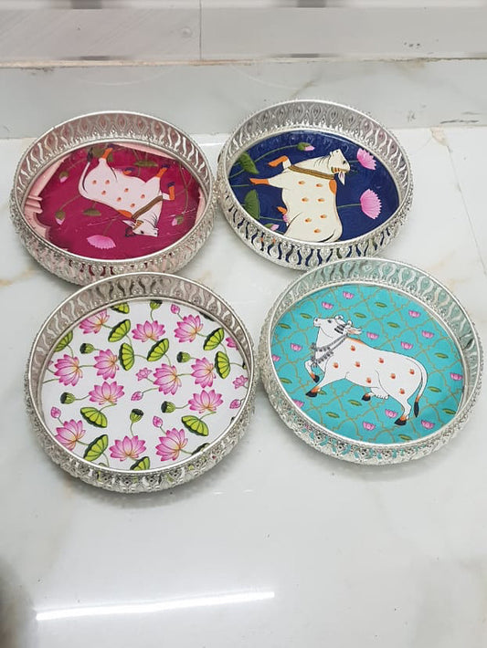 Pichwai Art Tray: Indian Wedding Favor, Diwali Return Gift (8-Inch) | (6-inch) |Favors Housewarming Gifting |German Silver pichwai tray | Housewarming Gifts– Traditional Return Gifts