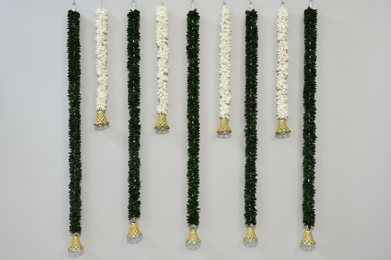 Jasmine Artificial garland with bell Decor / garland strings/ Pooja Decor / Indian Pooja Decor / Artifical Flower Decor / Flower Pooja Decor/ Ganesh Pooja Decor