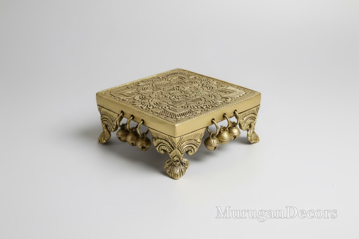 Brass Antique Finish Swamy Stand/Brass Traditional Pooja Chowki/Pooja Stand/Pooja Décor/Puja Mandir Décor/Samy Peedam/Chowki with Good Engraving Work 5 x5 CM|Brass Pooja Chowki | Handcrafted Brass Manai & God Stand for Mandir