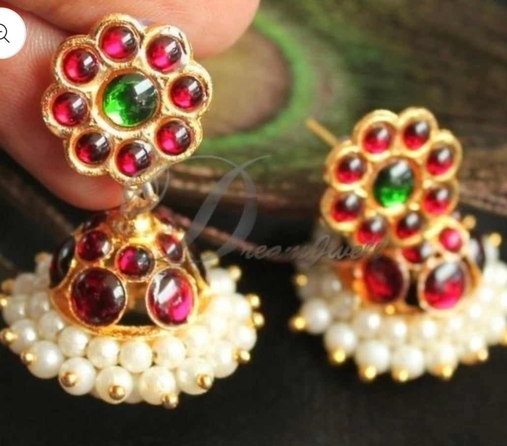 Big Kemp Temple Indian jewelry Earrings jimikki|Jumkka|| Bharatnatyam, Kuchipudi, Engagement, Weddings, Birthdays | Classical Dance Jewelry
