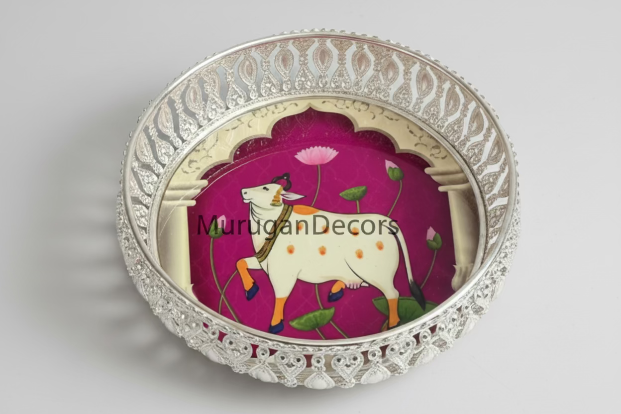 Pichwai Art Tray: Indian Wedding Favor, Diwali Return Gift (8-Inch) | (6-inch) |Favors Housewarming Gifting |German Silver pichwai tray | Housewarming Gifts– Traditional Return Gifts