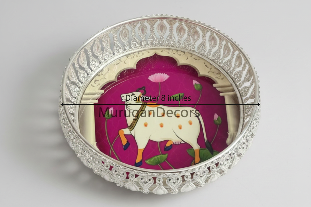 Pichwai Art Tray: Indian Wedding Favor, Diwali Return Gift (8-Inch) | (6-inch) |Favors Housewarming Gifting |German Silver pichwai tray | Housewarming Gifts– Traditional Return Gifts
