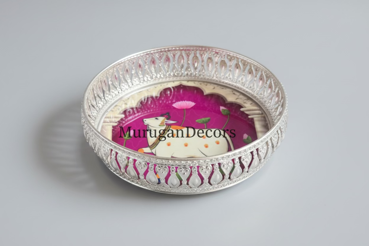 Pichwai Art Tray: Indian Wedding Favor, Diwali Return Gift (8-Inch) | (6-inch) |Favors Housewarming Gifting |German Silver pichwai tray | Housewarming Gifts– Traditional Return Gifts