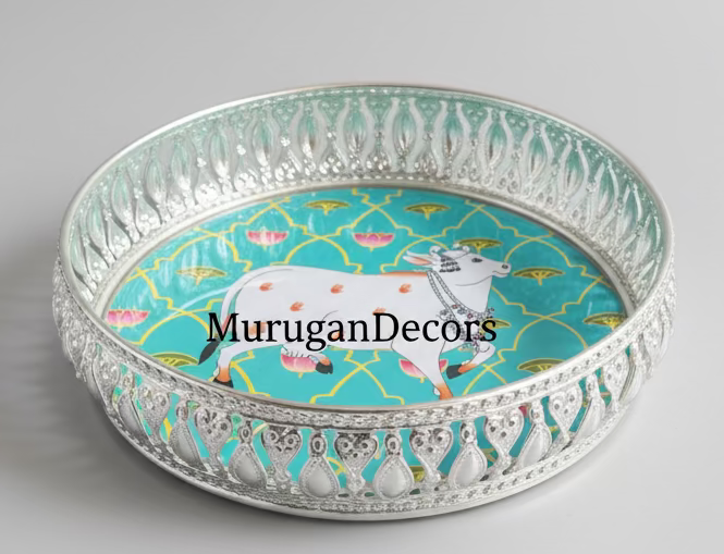 Pichwai Art Tray: Indian Wedding Favor, Diwali Return Gift (8-Inch) | (6-inch) |Favors Housewarming Gifting |German Silver pichwai tray | Housewarming Gifts– Traditional Return Gifts