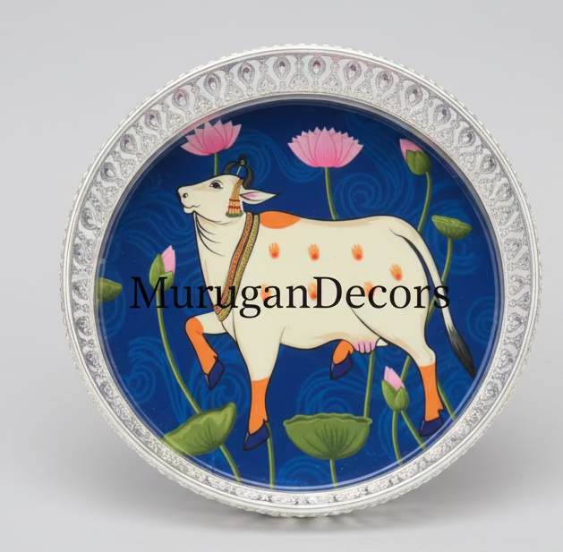 Pichwai Art Tray: Indian Wedding Favor, Diwali Return Gift (8-Inch) | (6-inch) |Favors Housewarming Gifting |German Silver pichwai tray | Housewarming Gifts– Traditional Return Gifts