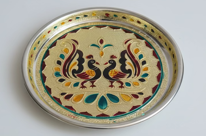 Meenakari Peacock/Flower design work steel plate|pooja thali|pooja plate| Housewarming Gift, Thambulam Plate, Pooja Gift, Return Gift, Navarathri gift, Diwali Gift