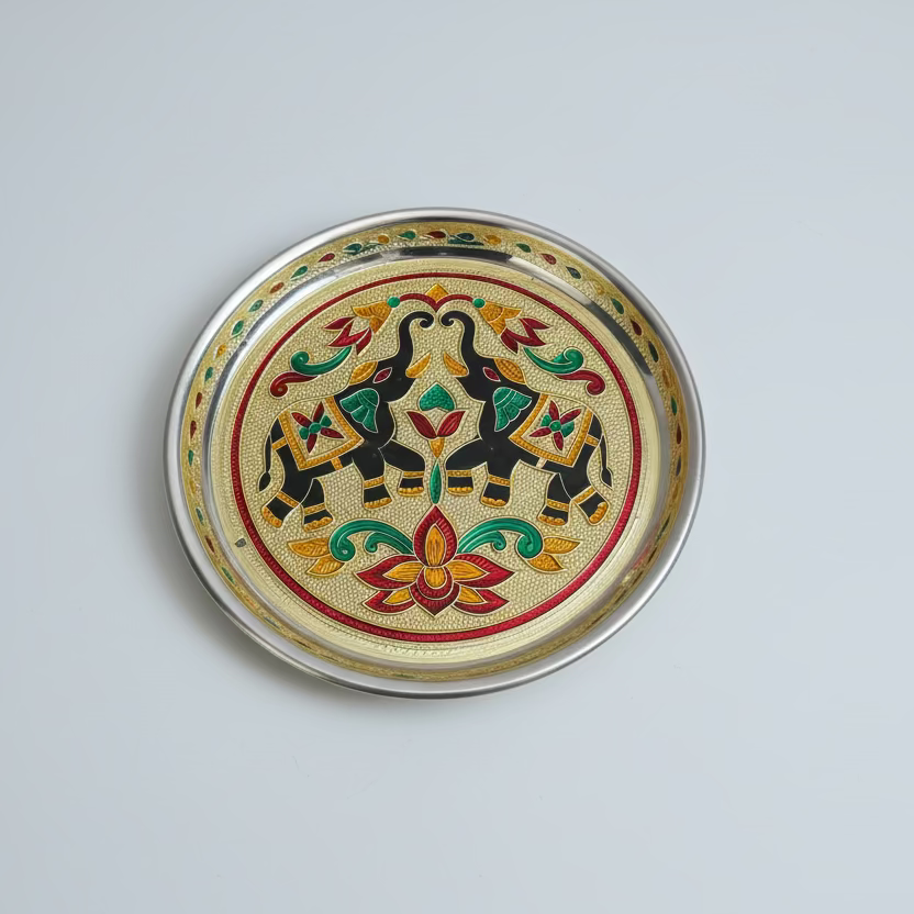 Meenakari Peacock/Flower design work steel plate|pooja thali|pooja plate| Housewarming Gift, Thambulam Plate, Pooja Gift, Return Gift, Navarathri gift, Diwali Gift