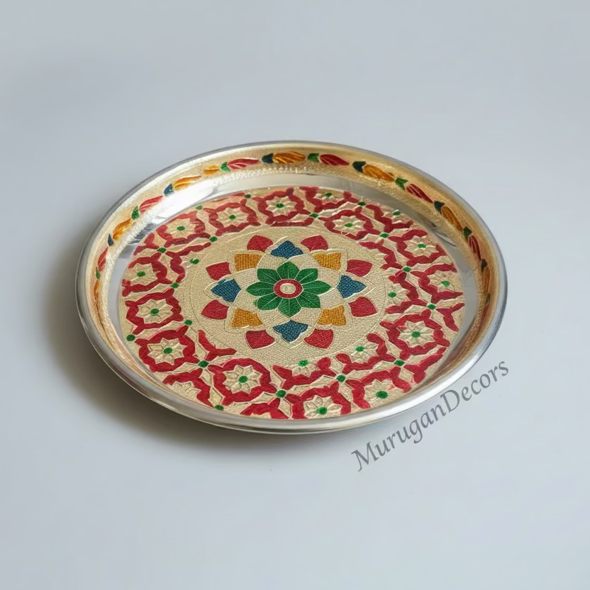 Meenakari Peacock/Flower design work steel plate|pooja thali|pooja plate| Housewarming Gift, Thambulam Plate, Pooja Gift, Return Gift, Navarathri gift, Diwali Gift