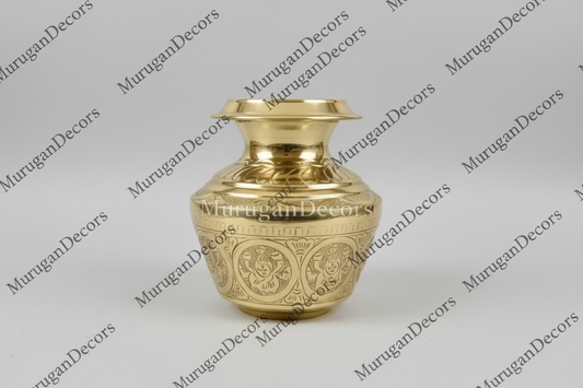 Brass Kalash| Engraved Brass Kalash with Eight Forms of Lakshmi / Ashtalakshmi pooja kalasham / brass Kudam |puja lota for puja & rituals-Handmade Pure Brass Kalash for Puja | Housewarming Gift