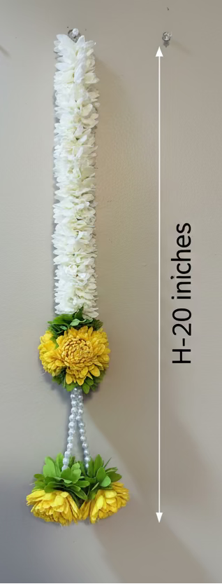 Jasmine with yellow solawood flower hanging  / rose buds garland strings/housewarming  Pooja Decor / Indian Pooja Decor / Artifical Flower Decor / Flower Pooja Decor/ Ganesh Pooja Decor