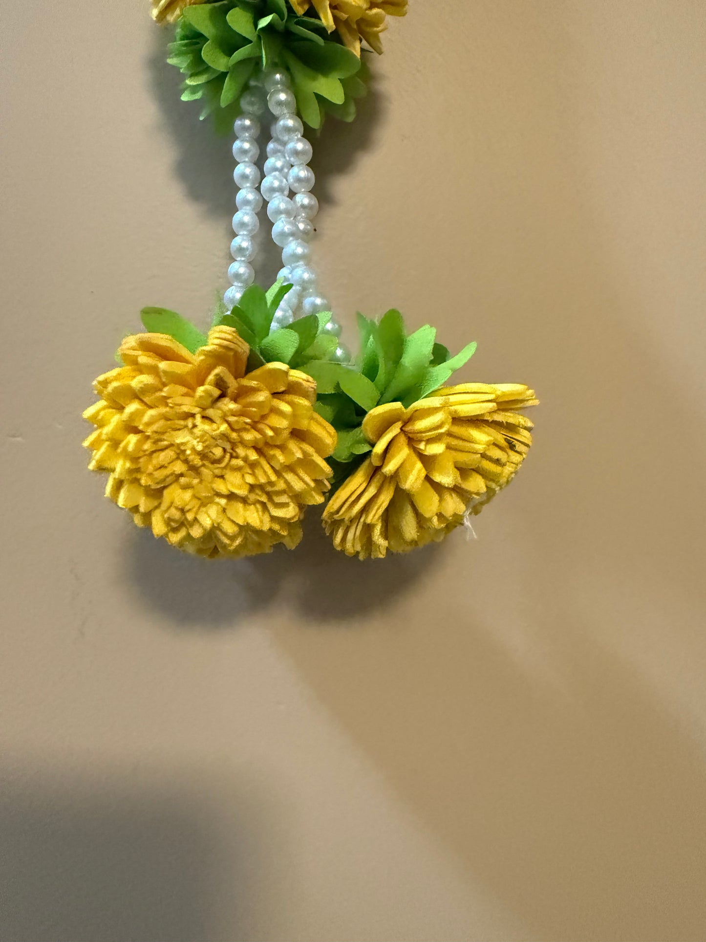 Jasmine with yellow solawood flower hanging  / rose buds garland strings/housewarming  Pooja Decor / Indian Pooja Decor / Artifical Flower Decor / Flower Pooja Decor/ Ganesh Pooja Decor
