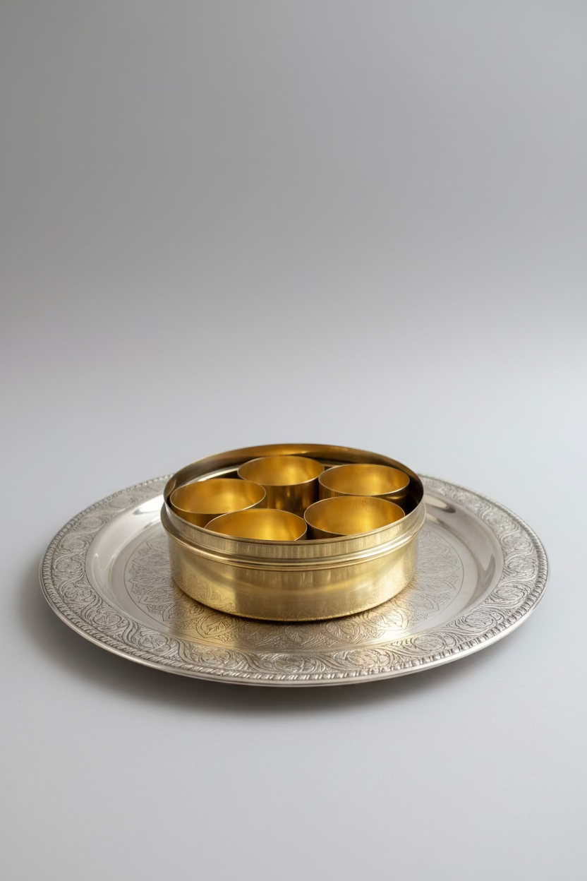 Traditional Brass Masala Dabba – 5-Compartment Indian Spice Box | Perfect for Housewarming , Diwali & Festival Return Gifts| Masala Spice Box, Pooja Storage| pooja favours | Navaratri return gifts