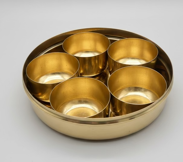 Traditional Brass Masala Dabba – 5-Compartment Indian Spice Box | Perfect for Housewarming , Diwali & Festival Return Gifts| Masala Spice Box, Pooja Storage| pooja favours | Navaratri return gifts