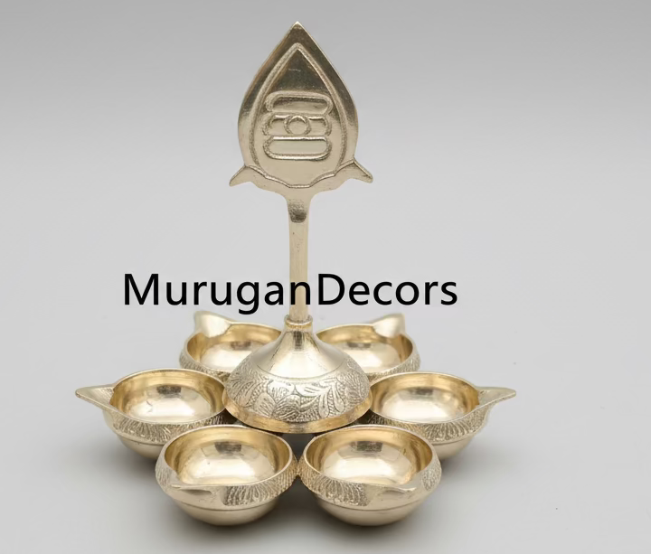 Brass Murugan Vel Diya with 6 Wicks | Kuber Pital Deepam for Puja & Mandir |Shasti Vilakku| Karthigai Deepam Oil Lamp |Arumuga Diya for Temple Decor | 5.5 Inch|7 inch |Housewarming Gifts, Puja Favors | Brass Table Diya| Brass Diya Oil Puja Lamp