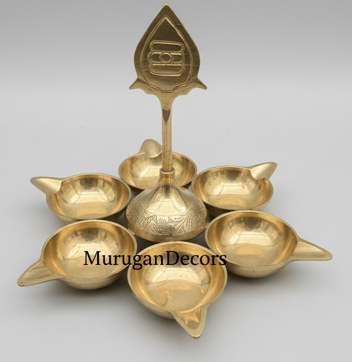 Brass Murugan Vel Diya with 6 Wicks | Kuber Pital Deepam for Puja & Mandir |Shasti Vilakku| Karthigai Deepam Oil Lamp |Arumuga Diya for Temple Decor | 5.5 Inch|7 inch |Housewarming Gifts, Puja Favors | Brass Table Diya| Brass Diya Oil Puja Lamp