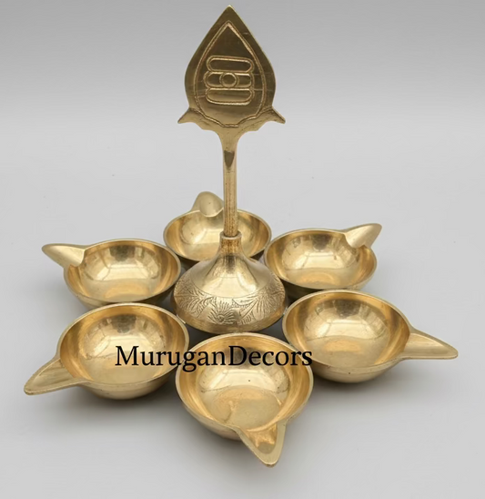 Brass Murugan Vel Diya with 6 Wicks | Kuber Pital Deepam for Puja & Mandir |Shasti Vilakku| Karthigai Deepam Oil Lamp |Arumuga Diya for Temple Decor | 5.5 Inch|7 inch |Housewarming Gifts, Puja Favors | Brass Table Diya| Brass Diya Oil Puja Lamp