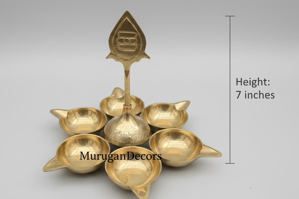 Brass Murugan Vel Diya with 6 Wicks | Kuber Pital Deepam for Puja & Mandir |Shasti Vilakku| Karthigai Deepam Oil Lamp |Arumuga Diya for Temple Decor | 5.5 Inch|7 inch |Housewarming Gifts, Puja Favors | Brass Table Diya| Brass Diya Oil Puja Lamp