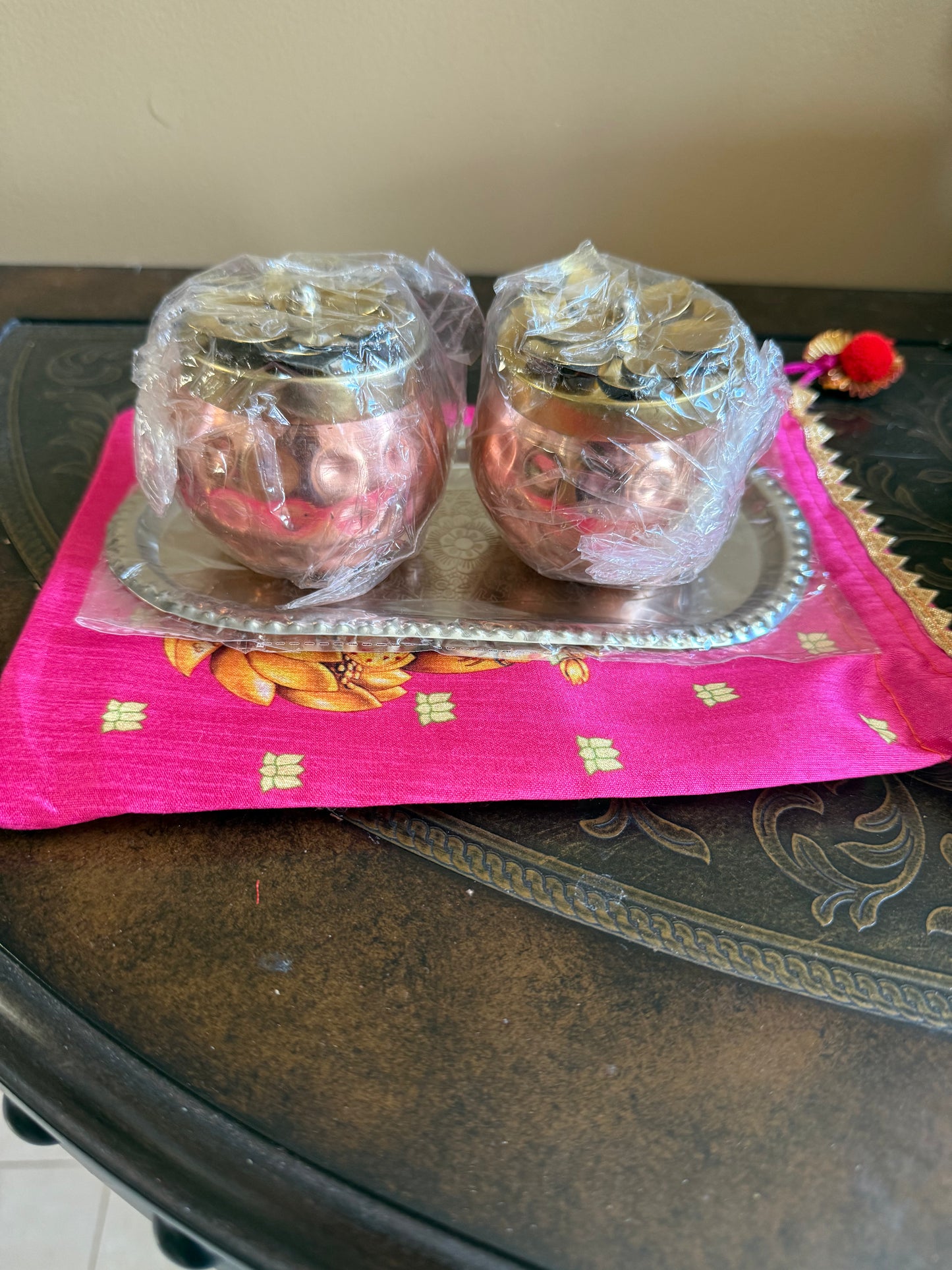 Copper & Brass Decorative Storage Jar with Floral Lid | Indian Gift Box | Dry fruit jar and tray|Wedding Return Gift | Home Décor | housewarming pooja gifts| return gifts| Favors Housewarming Gifting | Pooja Gifts– Traditional Diwali Return Gifts