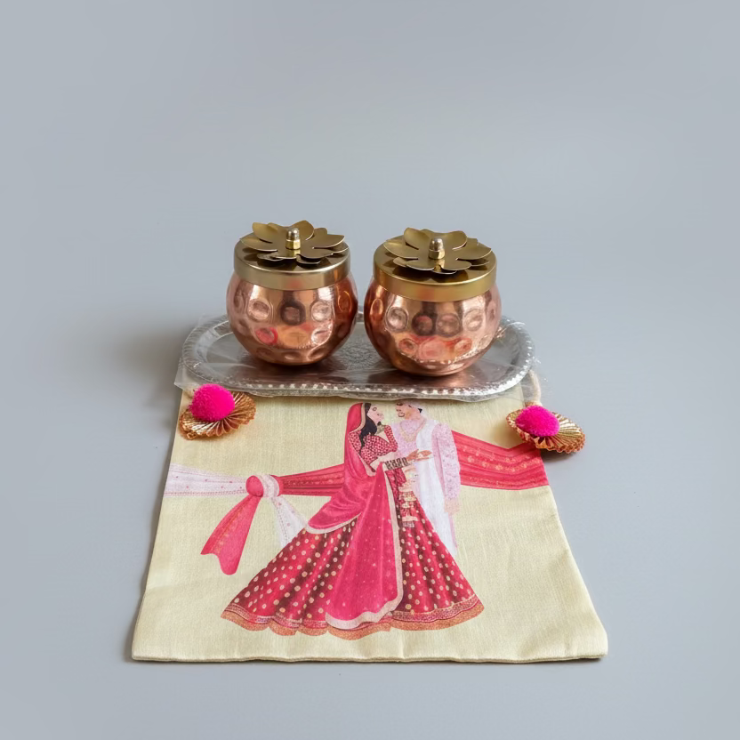 Copper & Brass Decorative Storage Jar with Floral Lid | Indian Gift Box | Dry fruit jar and tray|Wedding Return Gift | Home Décor | housewarming pooja gifts| return gifts| Favors Housewarming Gifting | Pooja Gifts– Traditional Diwali Return Gifts