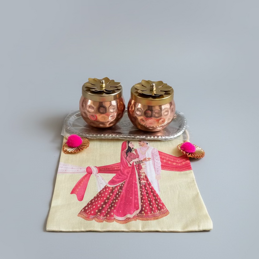 Copper & Brass Decorative Storage Jar with Floral Lid | Indian Gift Box | Dry fruit jar and tray|Wedding Return Gift | Home Décor | housewarming pooja gifts| return gifts| Favors Housewarming Gifting | Pooja Gifts– Traditional Diwali Return Gifts