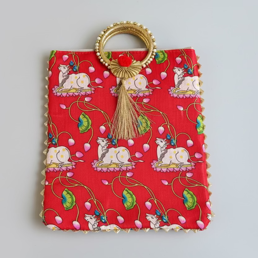 Pichwai Potli Bag | Embroidered Cow Design | Indian Wedding Return Gift Pouch|Pichwai potli bags | Indian Wedding Favor, Diwali Return Gift |Favors Housewarming Gifting | silk pichwai bags| Housewarming Gifts |Traditional Return Gifts
