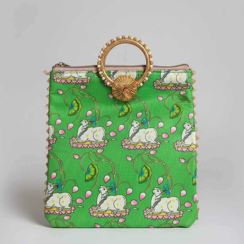 Pichwai Potli Bag | Embroidered Cow Design | Indian Wedding Return Gift Pouch|Pichwai potli bags | Indian Wedding Favor, Diwali Return Gift |Favors Housewarming Gifting | silk pichwai bags| Housewarming Gifts |Traditional Return Gifts