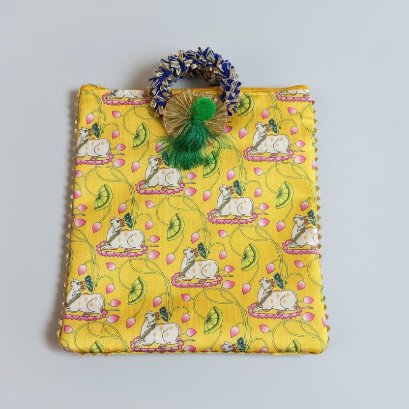 Pichwai Potli Bag | Embroidered Cow Design | Indian Wedding Return Gift Pouch|Pichwai potli bags | Indian Wedding Favor, Diwali Return Gift |Favors Housewarming Gifting | silk pichwai bags| Housewarming Gifts |Traditional Return Gifts