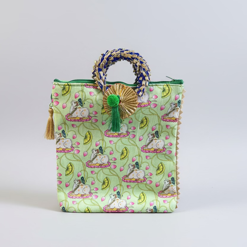 Pichwai Potli Bag | Embroidered Cow Design | Indian Wedding Return Gift Pouch|Pichwai potli bags | Indian Wedding Favor, Diwali Return Gift |Favors Housewarming Gifting | silk pichwai bags| Housewarming Gifts |Traditional Return Gifts