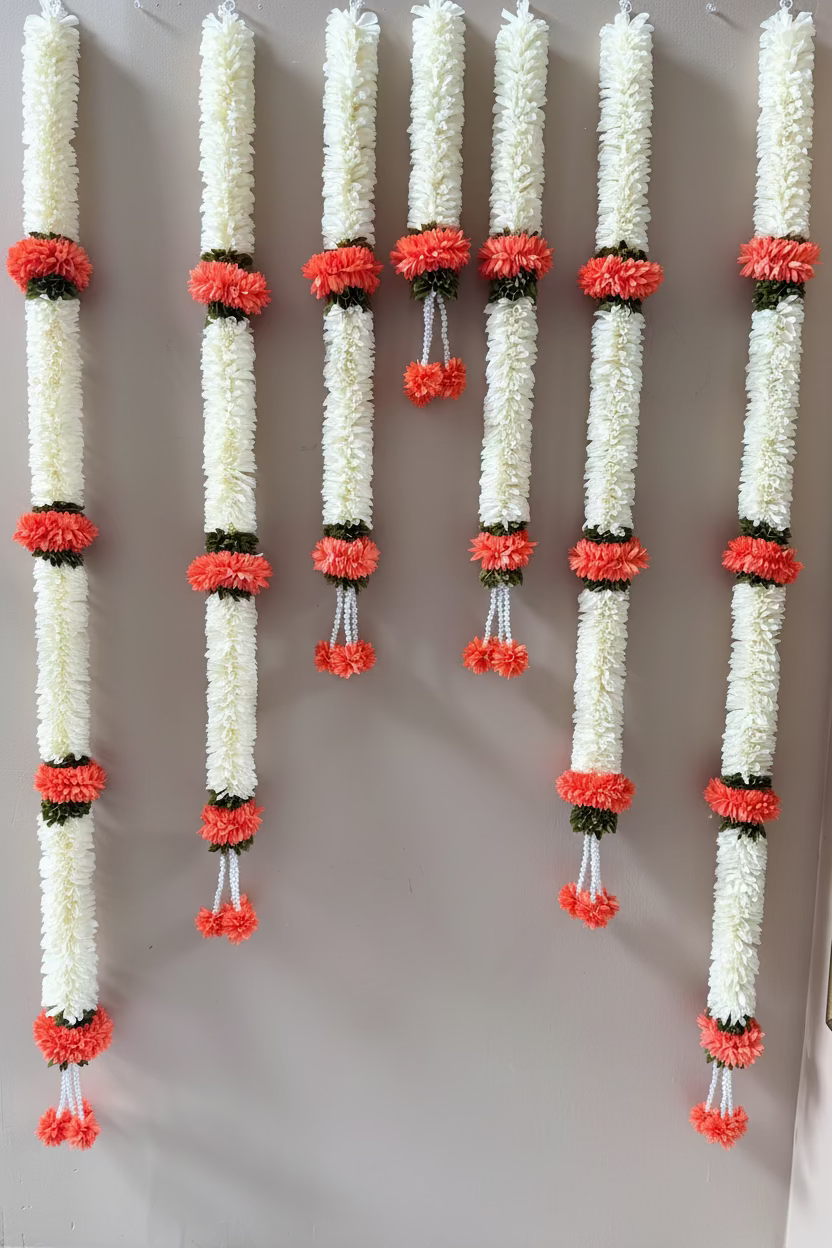 Indian Artificial flower garland|Pink and Orange color Garland| pooja backdrop garland set for housewarming/festival decorations/pink garlands
