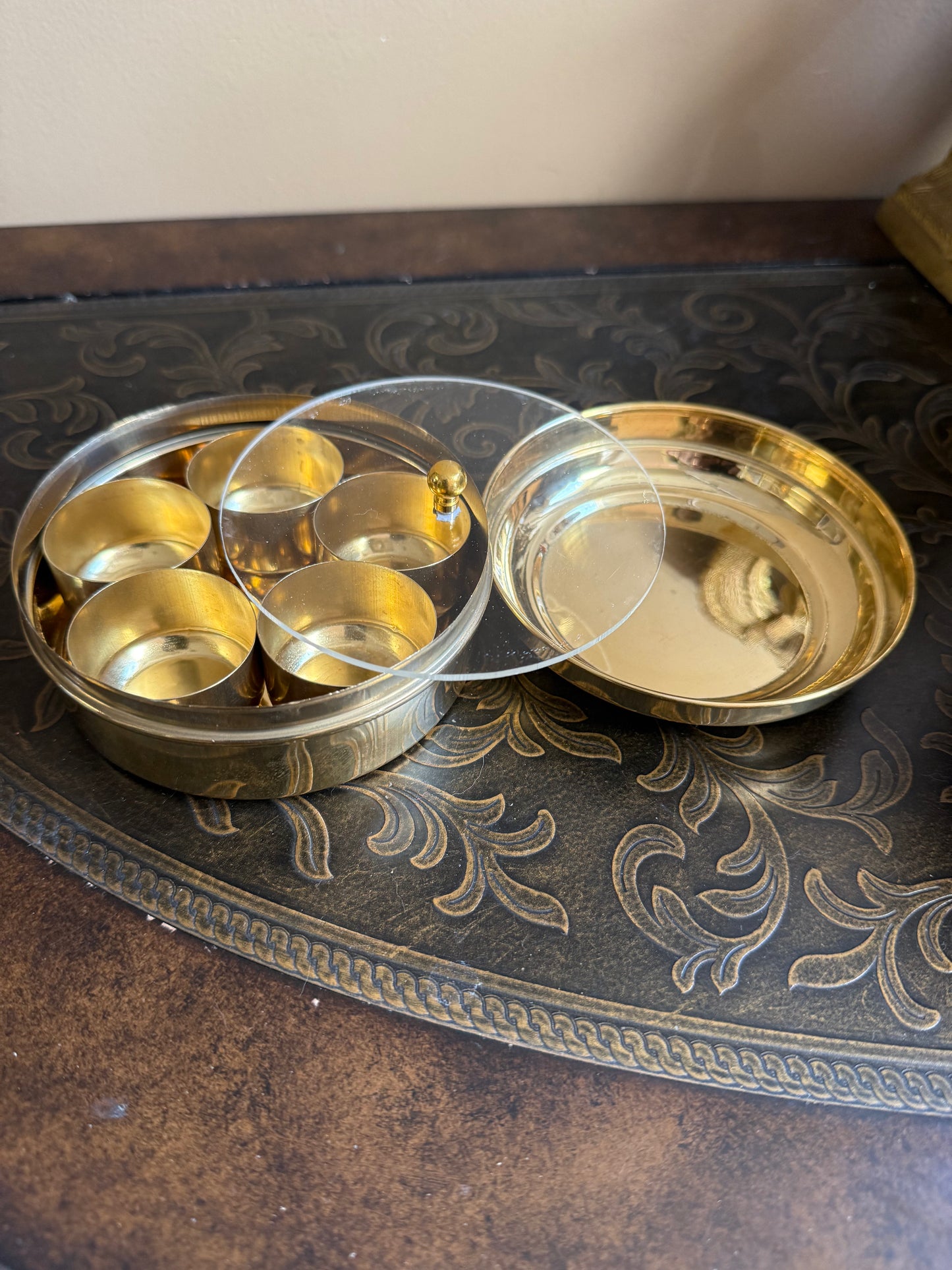 Traditional Brass Masala Dabba – 5-Compartment Indian Spice Box | Perfect for Housewarming , Diwali & Festival Return Gifts| Masala Spice Box, Pooja Storage| pooja favours | Navaratri return gifts