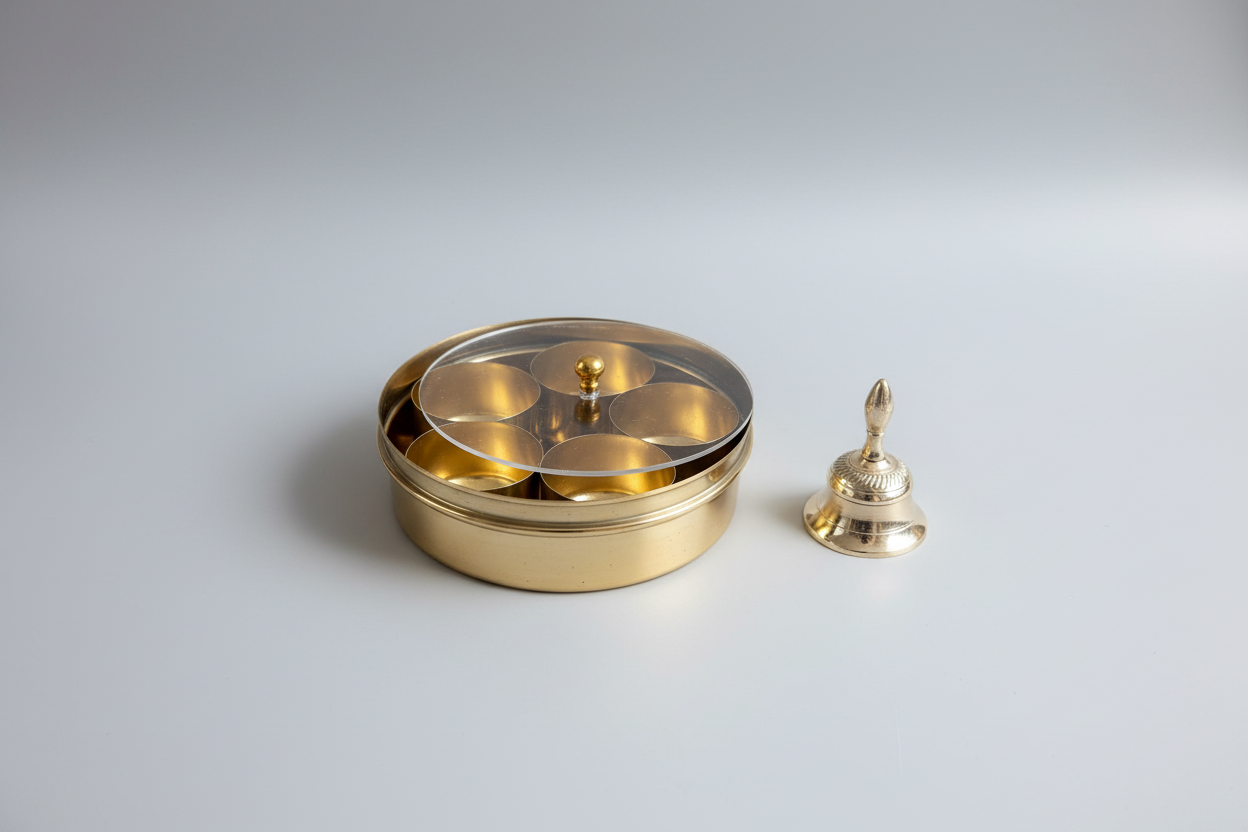 Traditional Brass Masala Dabba – 5-Compartment Indian Spice Box | Perfect for Housewarming , Diwali & Festival Return Gifts| Masala Spice Box, Pooja Storage| pooja favours | Navaratri return gifts