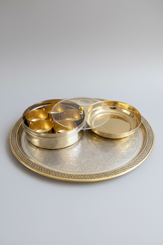 Traditional Brass Masala Dabba – 5-Compartment Indian Spice Box | Perfect for Housewarming , Diwali & Festival Return Gifts| Masala Spice Box, Pooja Storage| pooja favours | Navaratri return gifts