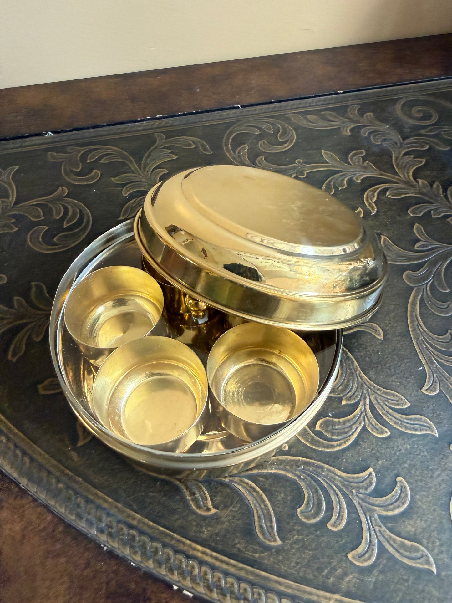 Traditional Brass Masala Dabba – 5-Compartment Indian Spice Box | Perfect for Housewarming , Diwali & Festival Return Gifts| Masala Spice Box, Pooja Storage| pooja favours | Navaratri return gifts
