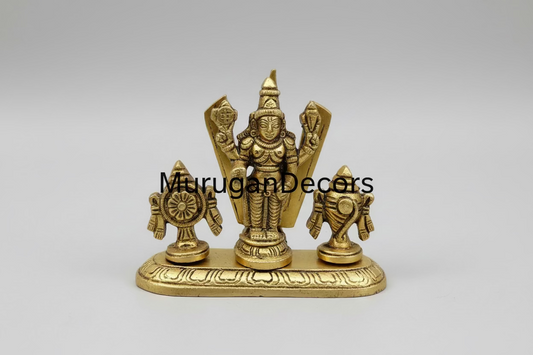 Brass Vishnu Shanku Chakra Murti Standing On Base | 4" Small Fine Quality Lord Tirupati Balaji Statue with Shankh Chakra Tilak |Antique Brass Idol For Worship| Brass vishnu statue