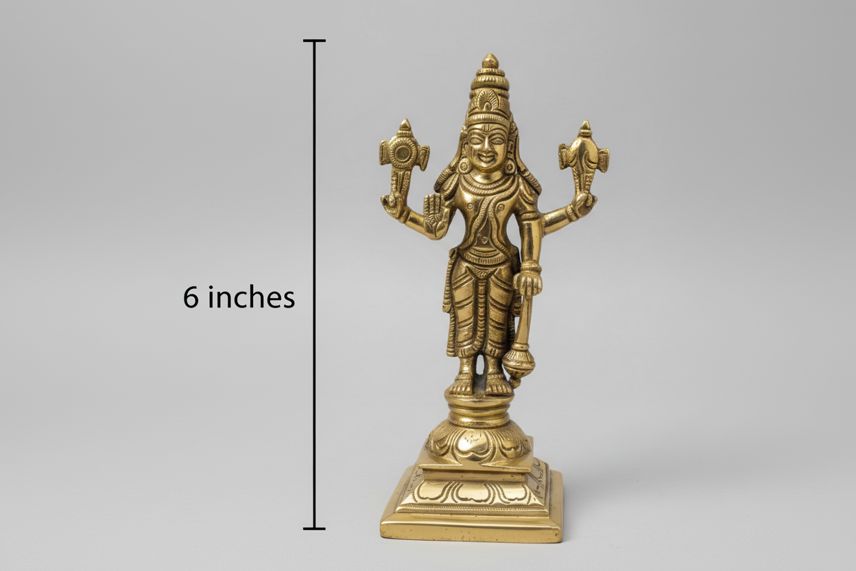 Brass Vishnu Murti Standing On Base - 6 Inches | Vishnu Idol |Antique Brass Idol| Brass Vishnu statue|Hindu god idols/God statues| (6 inch) |God Murti