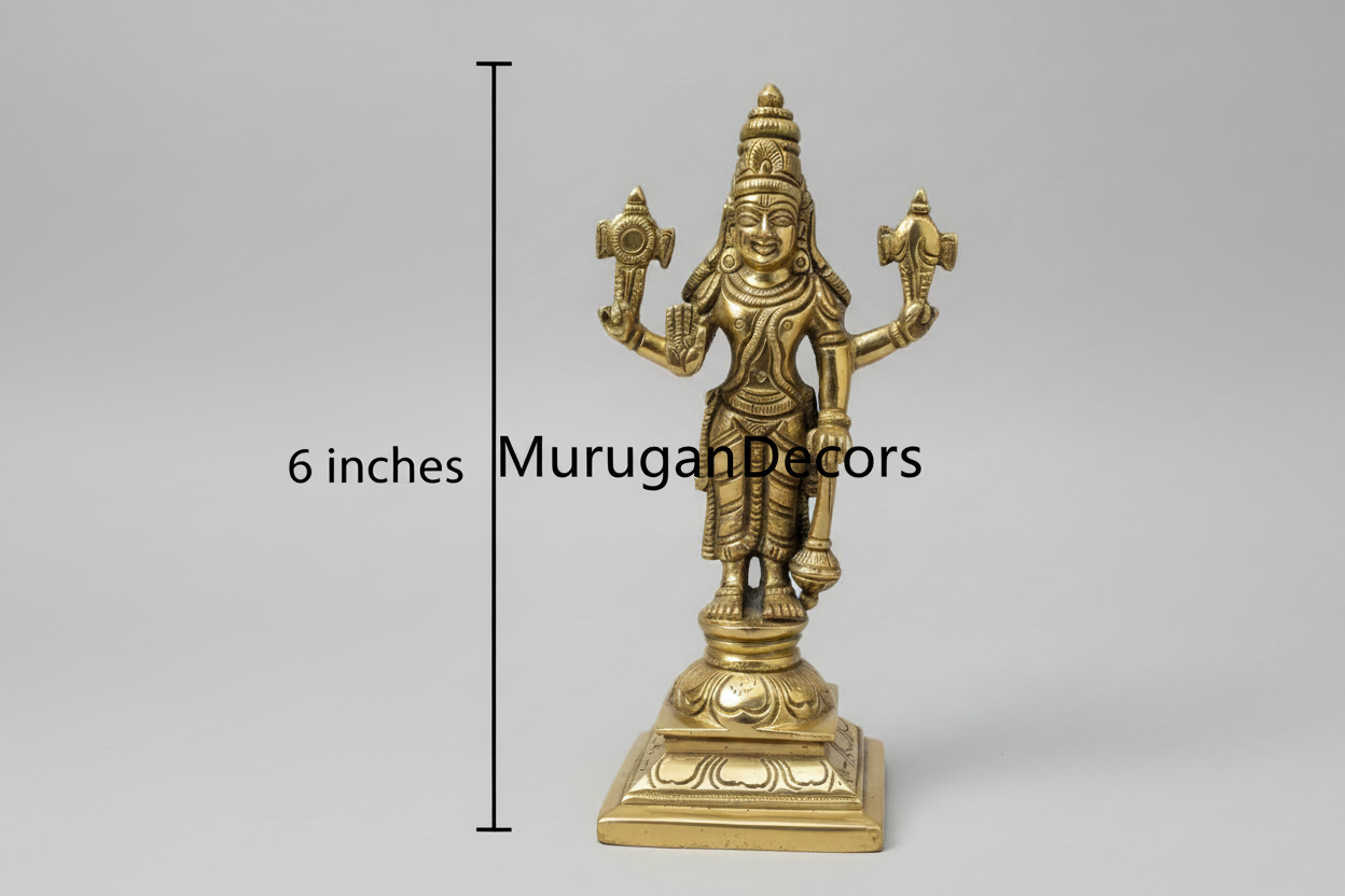 Brass Vishnu Murti Standing On Base - 6 Inches | Vishnu Idol |Antique Brass Idol| Brass Vishnu statue|Hindu god idols/God statues| (6 inch) |God Murti