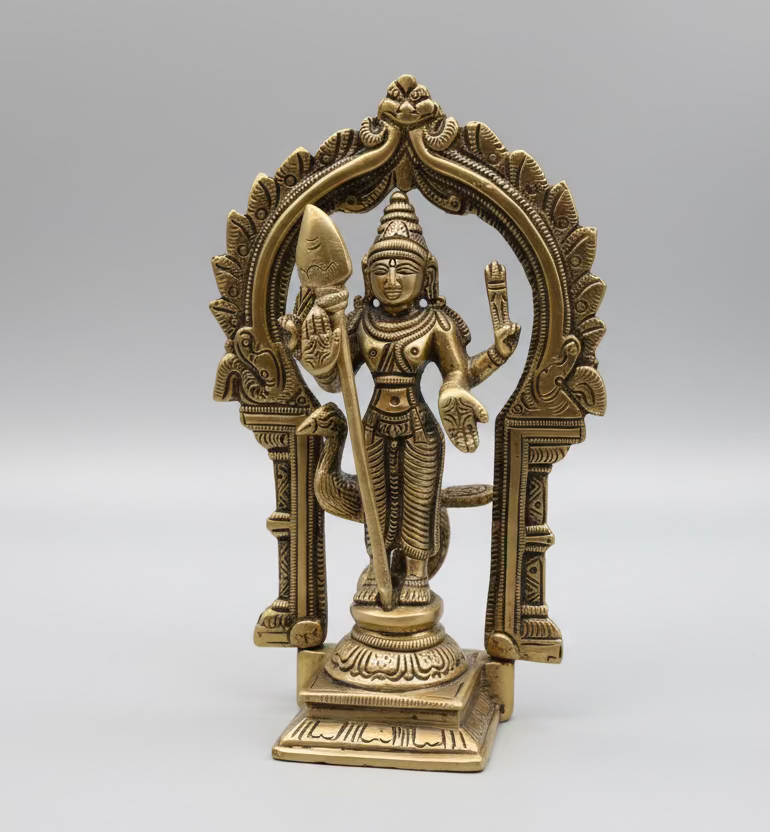 Brass Murugan (Karthikeya) Idol | Lord Murugan Statue |Brass Hindu god idols | 5 inch Murugan statues for pooja room | Murugan Murti | Antique Brass Statue| for Hindu pooja