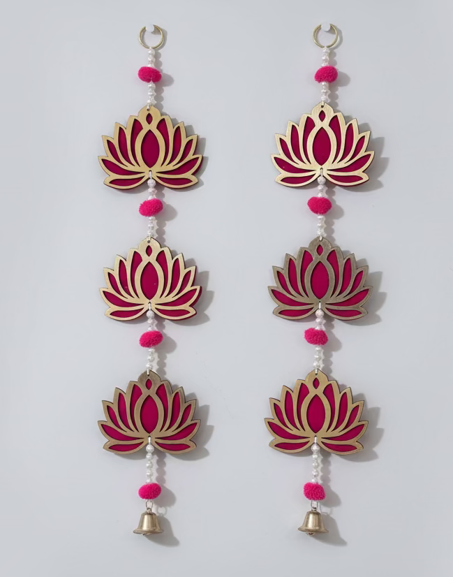 2 Pcs Acrylic Lotus with Bell | Indian Hanging Decorations | Acrylic, 2 feet | Lotus Wall Hanging for Backdrop Decoration, Ganesh Chaturthi Decoration, Pooja, Mandir, Diwali Décor