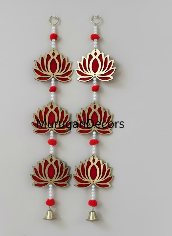 2 Pcs Acrylic Lotus with Bell | Indian Hanging Decorations | Acrylic, 2 feet | Lotus Wall Hanging for Backdrop Decoration, Ganesh Chaturthi Decoration, Pooja, Mandir, Diwali Décor