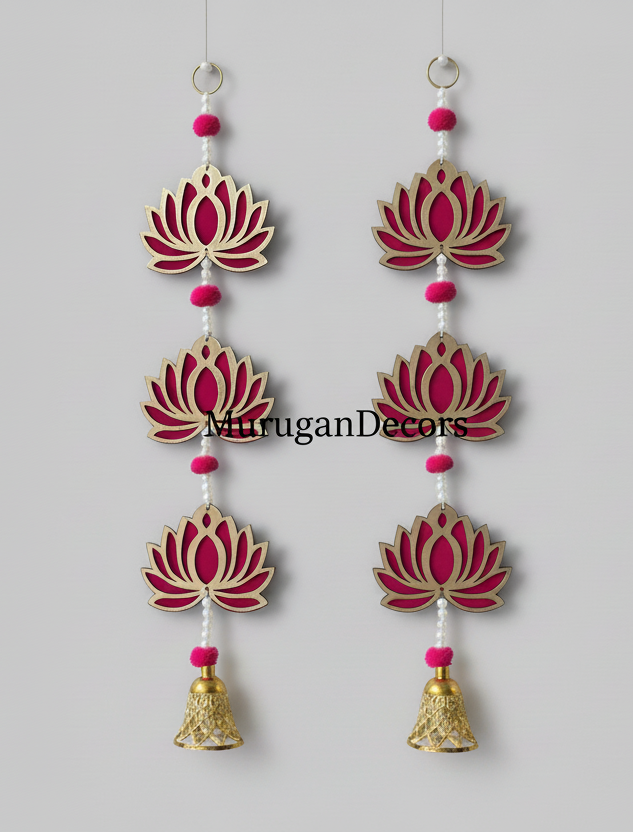 2 Pcs Acrylic Lotus with Bell | Indian Hanging Decorations | Acrylic, 2 feet | Lotus Wall Hanging for Backdrop Decoration, Ganesh Chaturthi Decoration, Pooja, Mandir, Diwali Décor