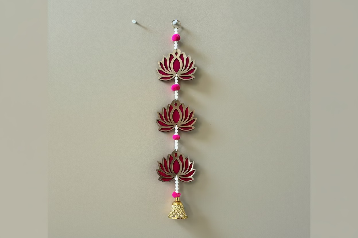2 Pcs Acrylic Lotus with Bell | Indian Hanging Decorations | Acrylic, 2 feet | Lotus Wall Hanging for Backdrop Decoration, Ganesh Chaturthi Decoration, Pooja, Mandir, Diwali Décor
