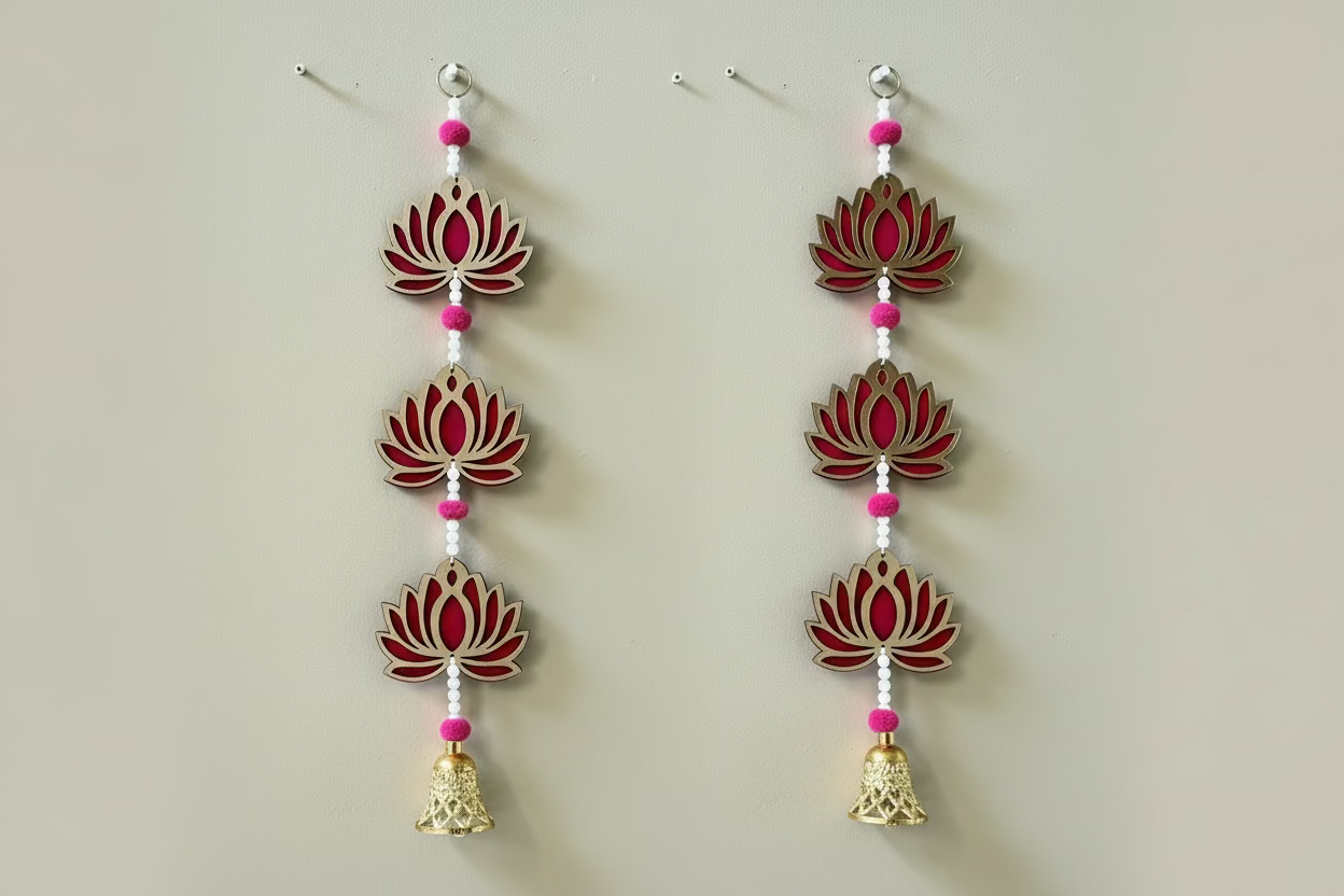 2 Pcs Acrylic Lotus with Bell | Indian Hanging Decorations | Acrylic, 2 feet | Lotus Wall Hanging for Backdrop Decoration, Ganesh Chaturthi Decoration, Pooja, Mandir, Diwali Décor