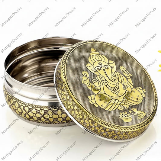 Meenakari Stainless Steel Container Box |Ganesh ji design decorative work steel box |pooja box| Laddu Box for Diwali |Housewarming Gift, Thambulam Plate, Pooja Gift, Return Gift, Navarathri gift, Diwali Gift