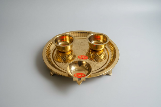 Brass Pooja Thali Set – Complete Aarti Plate with 2 bowls Set with Diya| Accessories for Hindu Worship