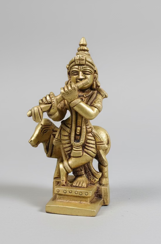 Brass Krishna with Cow Statue – Lord Krishna &amp; Cow Figurine for Home Mandir, Pooja &amp; Spiritual Gifting|Idols for Hindu pooja |housewarming| festival|Return Gifts