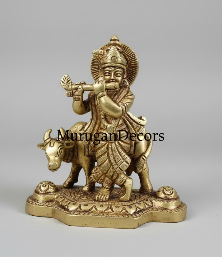 Brass Krishna with Cow Statue – Lord Krishna &amp; Cow Figurine for Home Mandir, Pooja &amp; Spiritual Gifting|Idols for Hindu pooja |housewarming| festival|Return Gifts