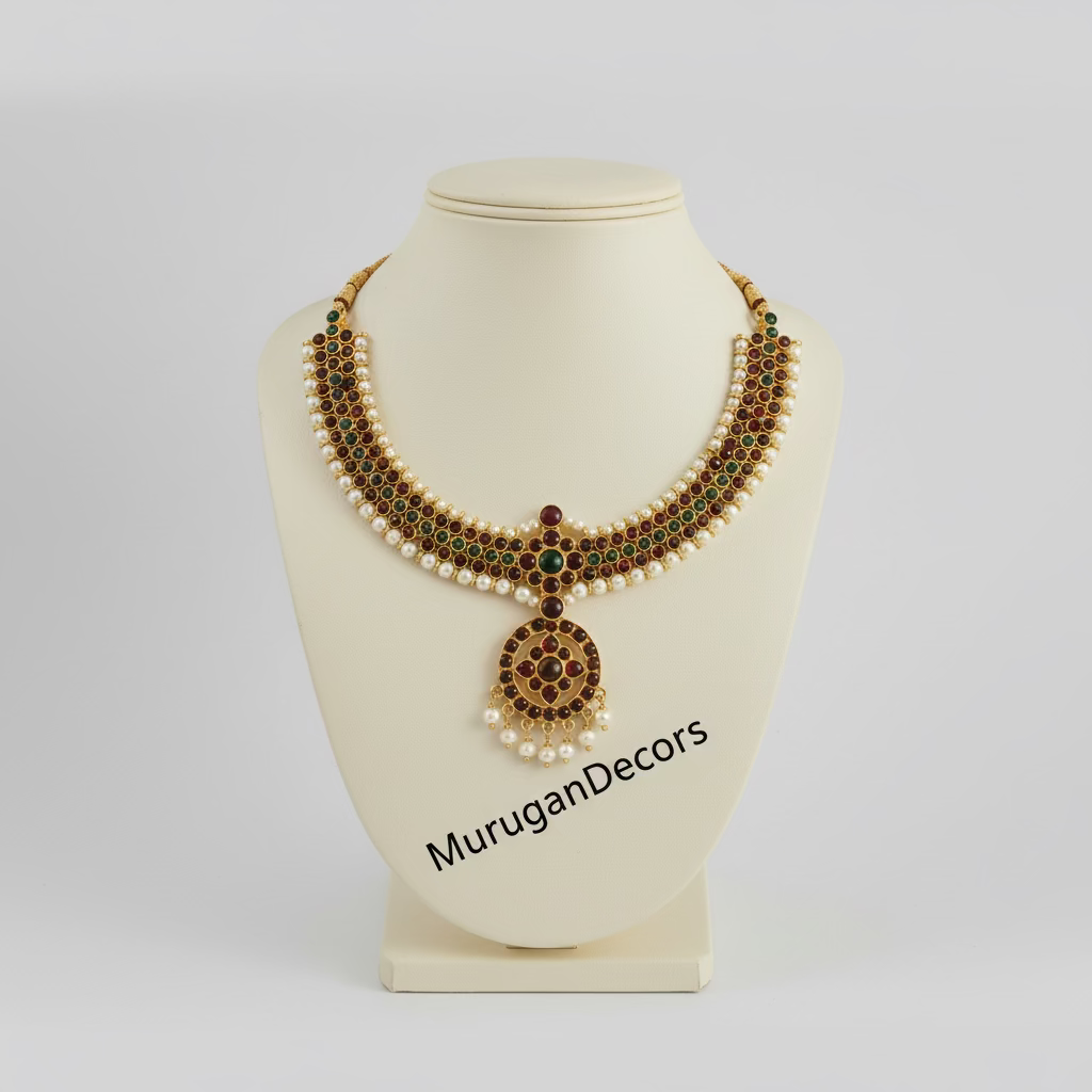 Pearl Red and Green Kemp temple Indian jewelry | Short Choker Necklace | Bharatnatyam Kuchipudi Engagement Weddings Birthdays | Classical Dance Jewelry